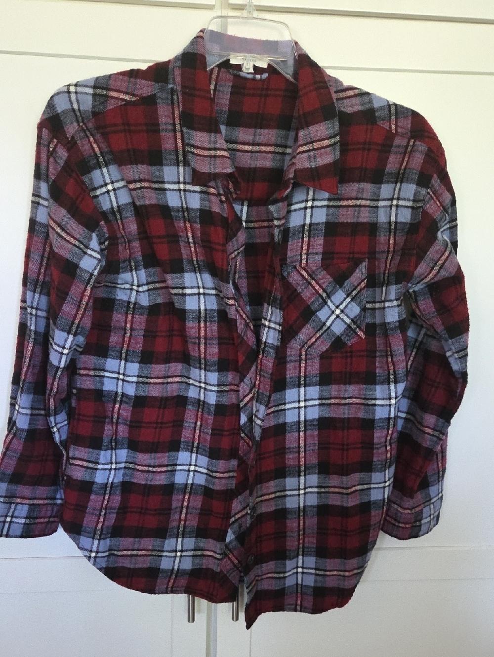 Burgubdy,blue,white and Black Plaid Flannel Button-Up Shirt